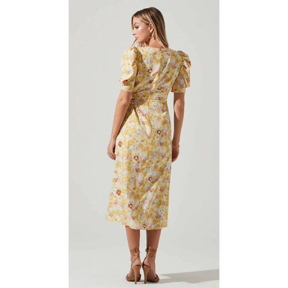 ASTR The Label Midi Dress Womens Small Yellow Rust Martina Floral Ruched NWT - Picture 2 of 14